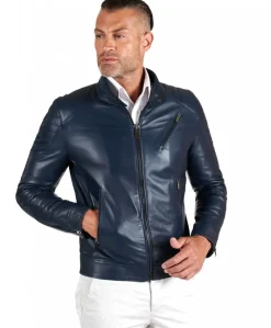 Uomo D'Arienzo U411 - Giacca moto in pelle blu biker trapuntato spalle effetto liscio