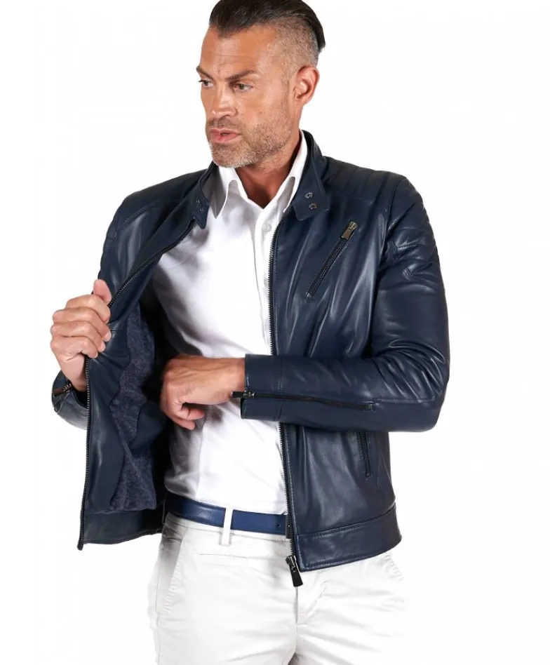 Uomo D'Arienzo U411 - Giacca moto in pelle blu biker trapuntato spalle effetto liscio