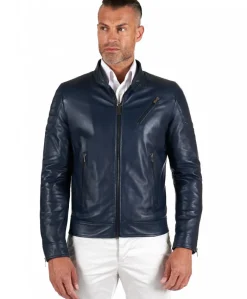 Uomo D'Arienzo U411 - Giacca moto in pelle blu biker trapuntato spalle effetto liscio