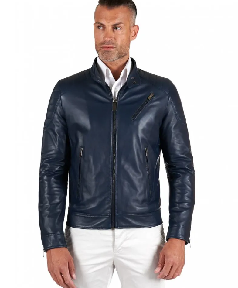 Uomo D'Arienzo U411 - Giacca moto in pelle blu biker trapuntato spalle effetto liscio