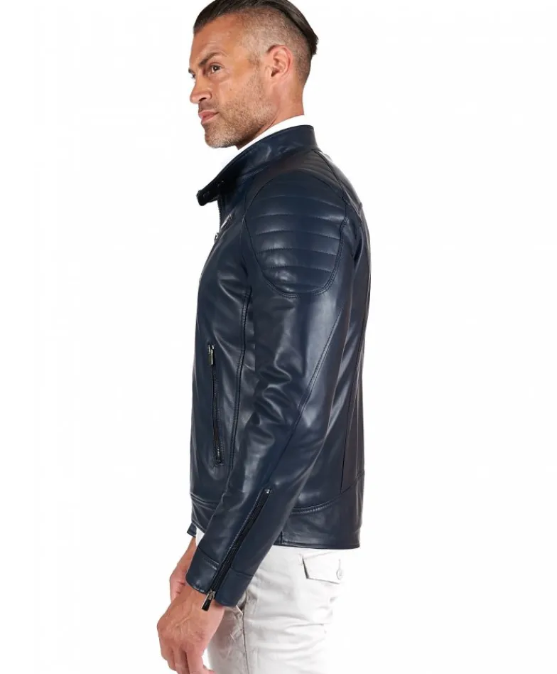 Uomo D'Arienzo U411 - Giacca moto in pelle blu biker trapuntato spalle effetto liscio