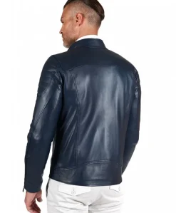 Uomo D'Arienzo U411 - Giacca moto in pelle blu biker trapuntato spalle effetto liscio