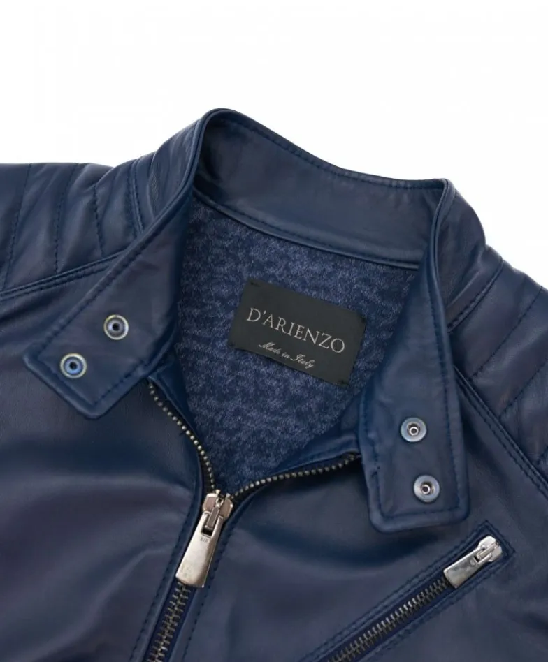 Uomo D'Arienzo U411 - Giacca moto in pelle blu biker trapuntato spalle effetto liscio