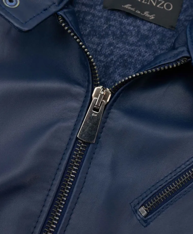 Uomo D'Arienzo U411 - Giacca moto in pelle blu biker trapuntato spalle effetto liscio