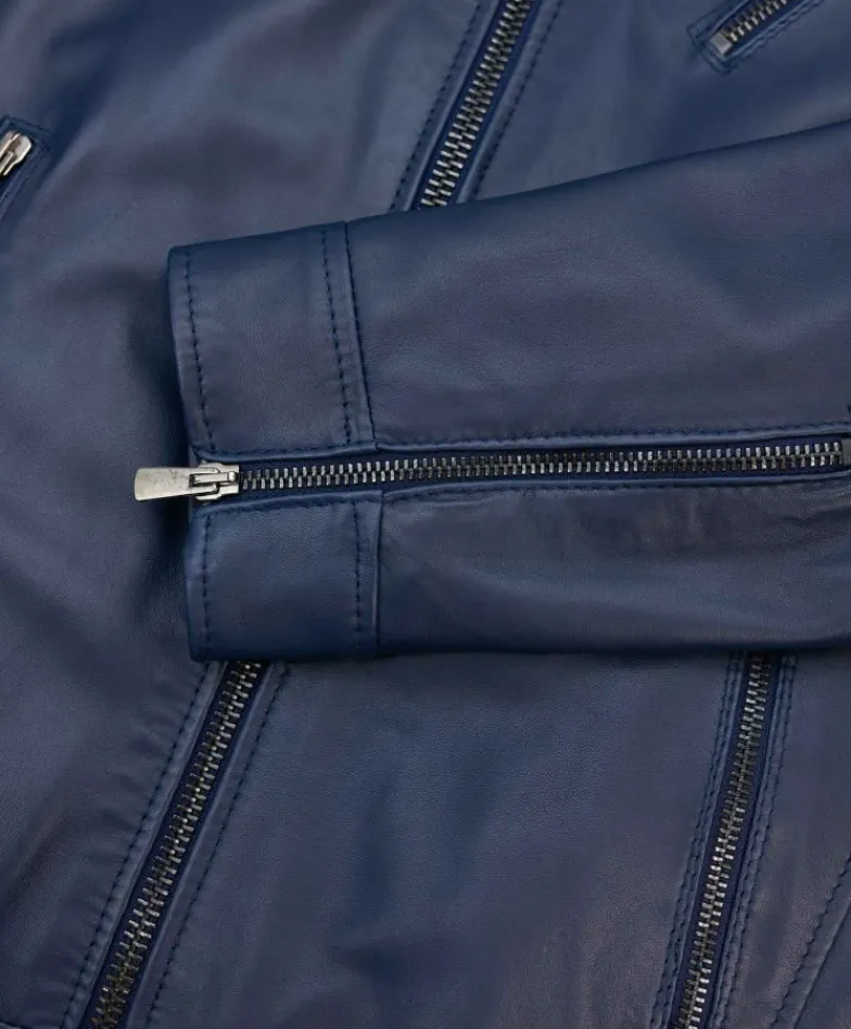 Uomo D'Arienzo U411 - Giacca moto in pelle blu biker trapuntato spalle effetto liscio