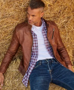 Uomo D'Arienzo U411 - Giacca moto in pelle cuoio biker trapuntato spalle effetto liscio