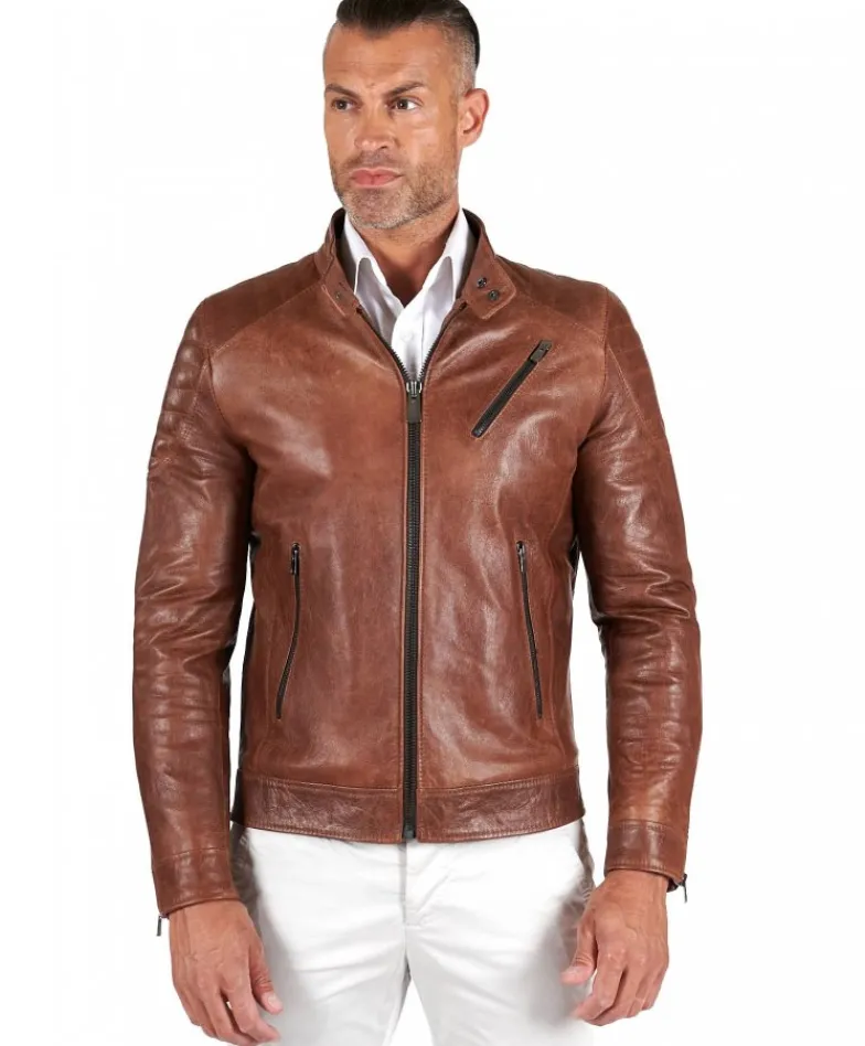 Uomo D'Arienzo U411 - Giacca moto in pelle cuoio biker trapuntato spalle effetto liscio