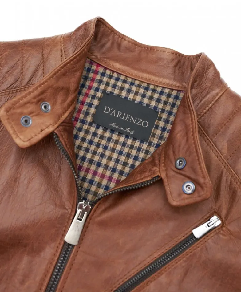 Uomo D'Arienzo U411 - Giacca moto in pelle cuoio biker trapuntato spalle effetto liscio
