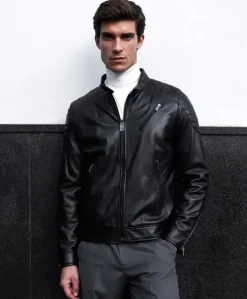 Uomo D'Arienzo U411 - Giacca moto in pelle nera biker trapuntato spalle effetto liscio