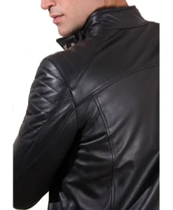Uomo D'Arienzo U411 - Giacca moto in pelle nera biker trapuntato spalle effetto liscio