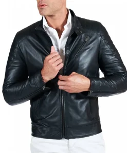 Uomo D'Arienzo U411 - Giacca moto in pelle nera biker trapuntato spalle effetto liscio