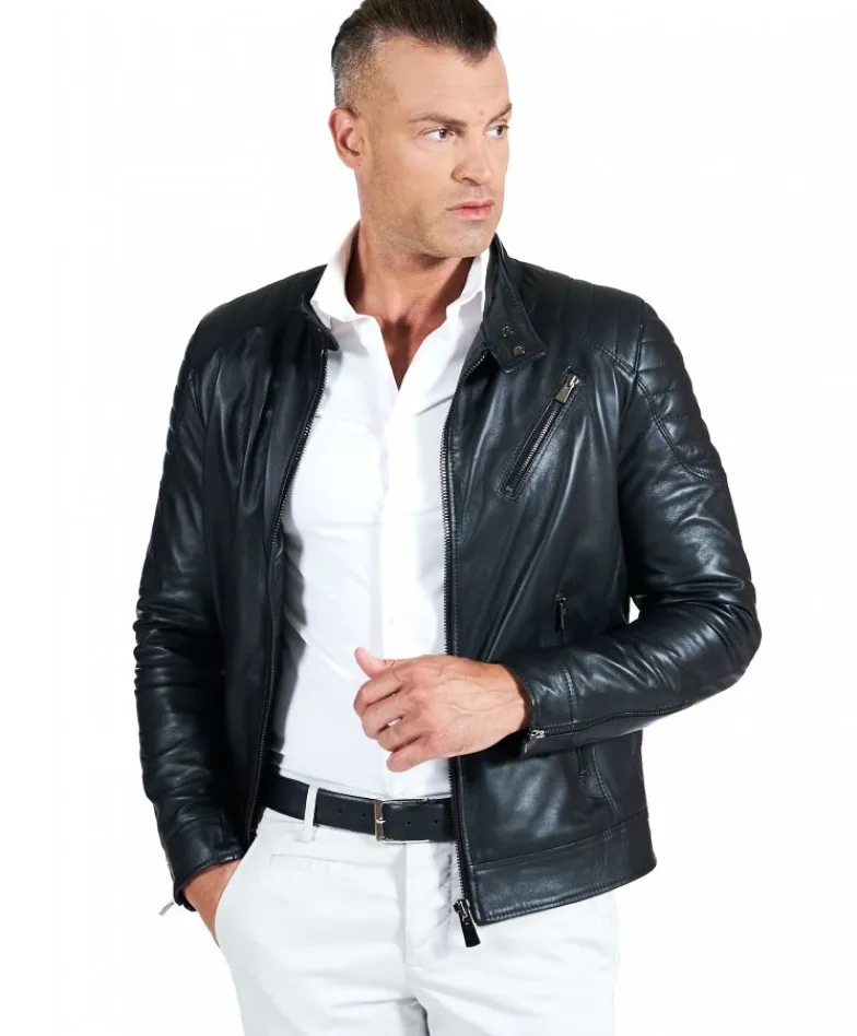 Uomo D'Arienzo U411 - Giacca moto in pelle nera biker trapuntato spalle effetto liscio