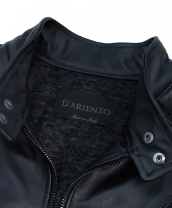 Uomo D'Arienzo U411 - Giacca moto in pelle nera biker trapuntato spalle effetto liscio