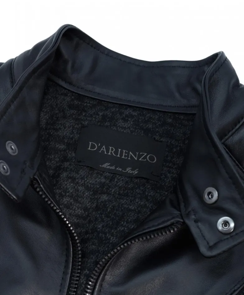 Uomo D'Arienzo U411 - Giacca moto in pelle nera biker trapuntato spalle effetto liscio