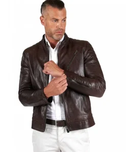 Uomo D'Arienzo U411 - Giacca moto in pelle testa di moro biker trapuntato spalle effetto liscio