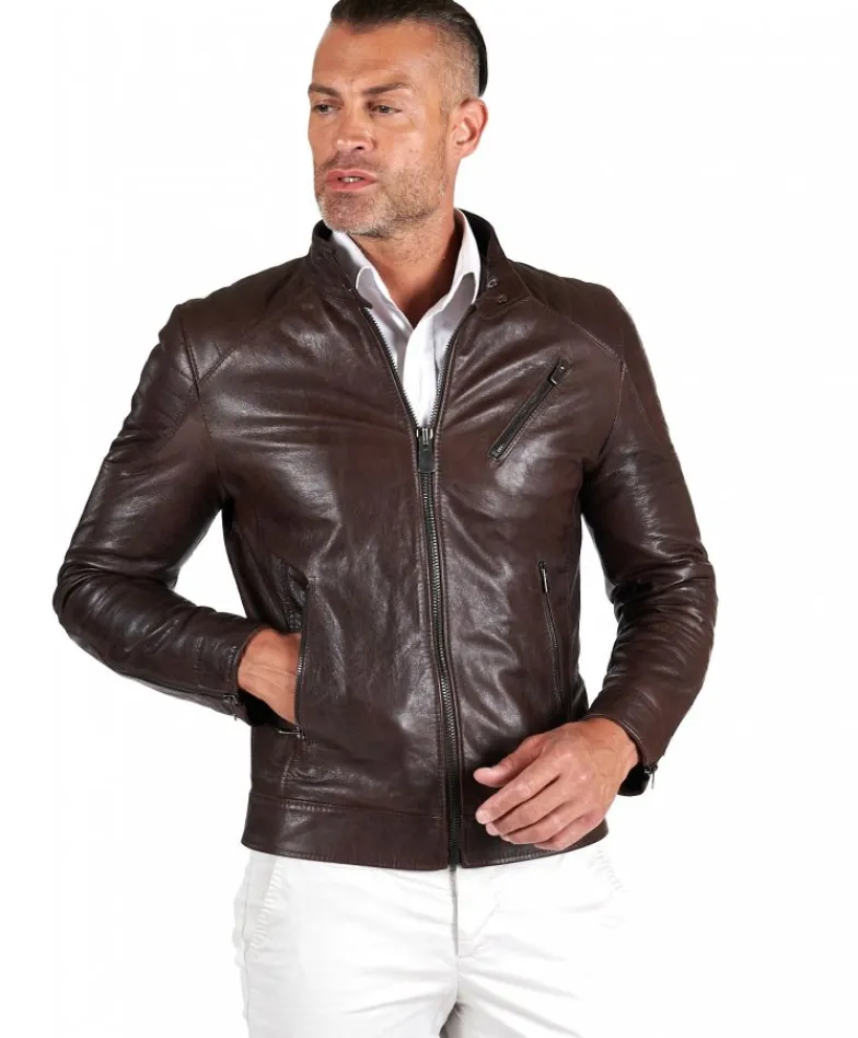 Uomo D'Arienzo U411 - Giacca moto in pelle testa di moro biker trapuntato spalle effetto liscio