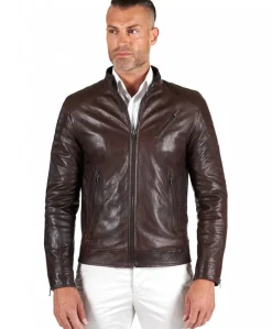 Uomo D'Arienzo U411 - Giacca moto in pelle testa di moro biker trapuntato spalle effetto liscio