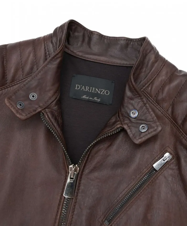Uomo D'Arienzo U411 - Giacca moto in pelle testa di moro biker trapuntato spalle effetto liscio