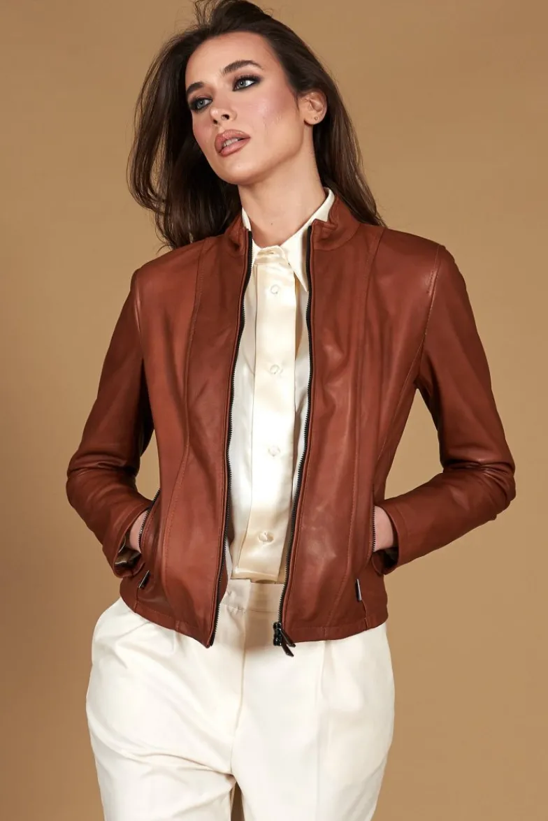 Donna D'Arienzo Vale - Giacca biker in pelle color cuoio effetto liscio collo coreana