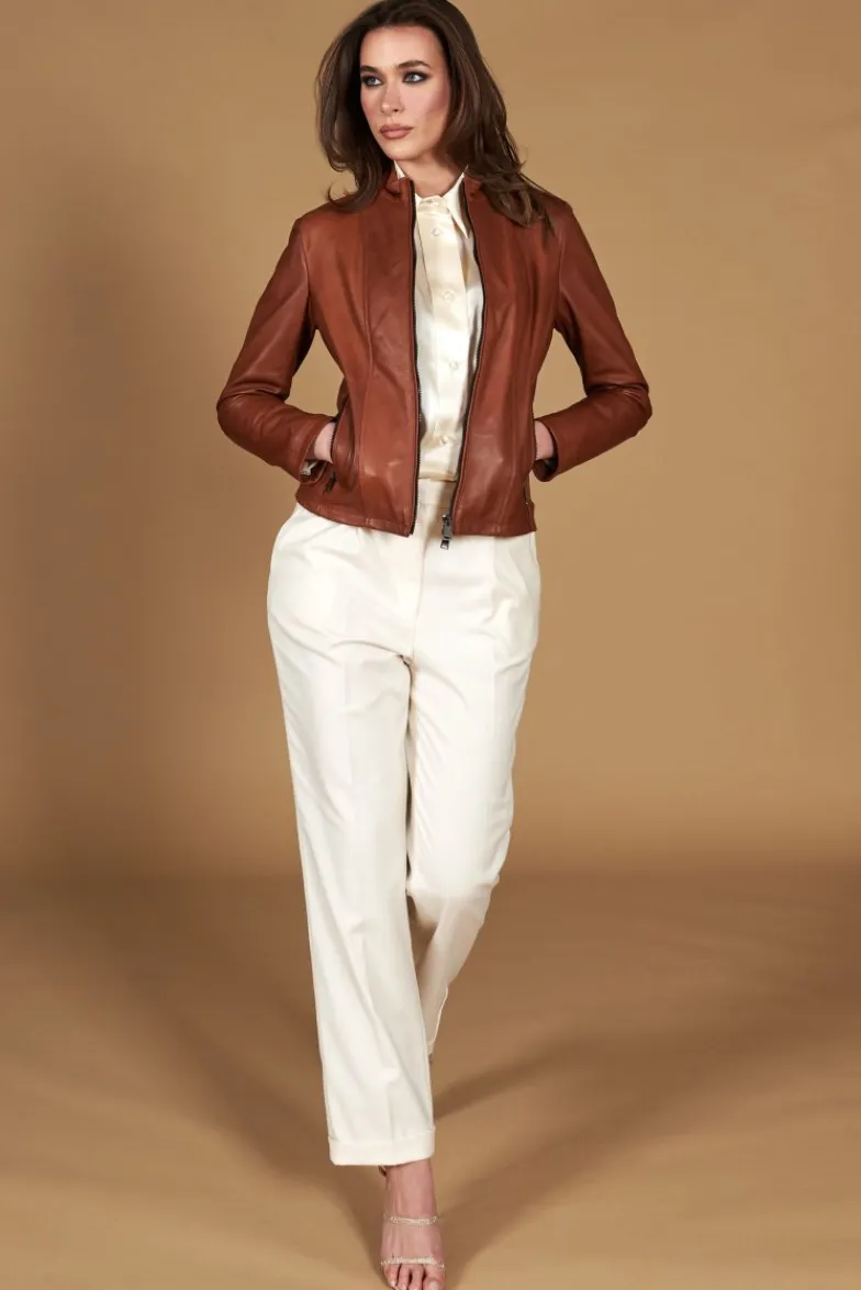 Donna D'Arienzo Vale - Giacca biker in pelle color cuoio effetto liscio collo coreana