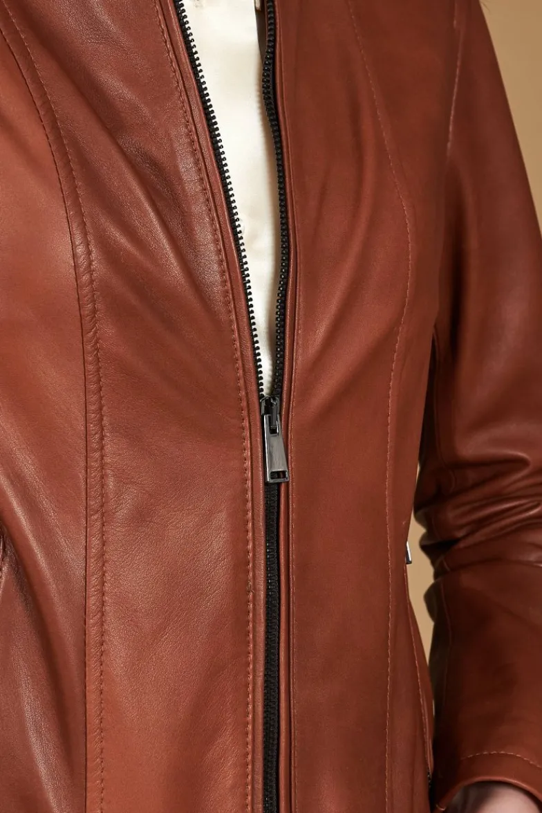 Donna D'Arienzo Vale - Giacca biker in pelle color cuoio effetto liscio collo coreana