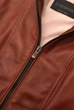Donna D'Arienzo Vale - Giacca biker in pelle color cuoio effetto liscio collo coreana