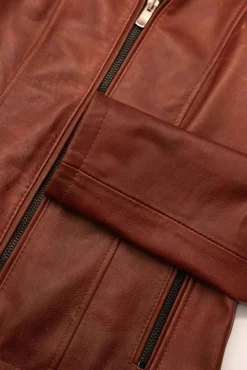 Donna D'Arienzo Vale - Giacca biker in pelle color cuoio effetto liscio collo coreana