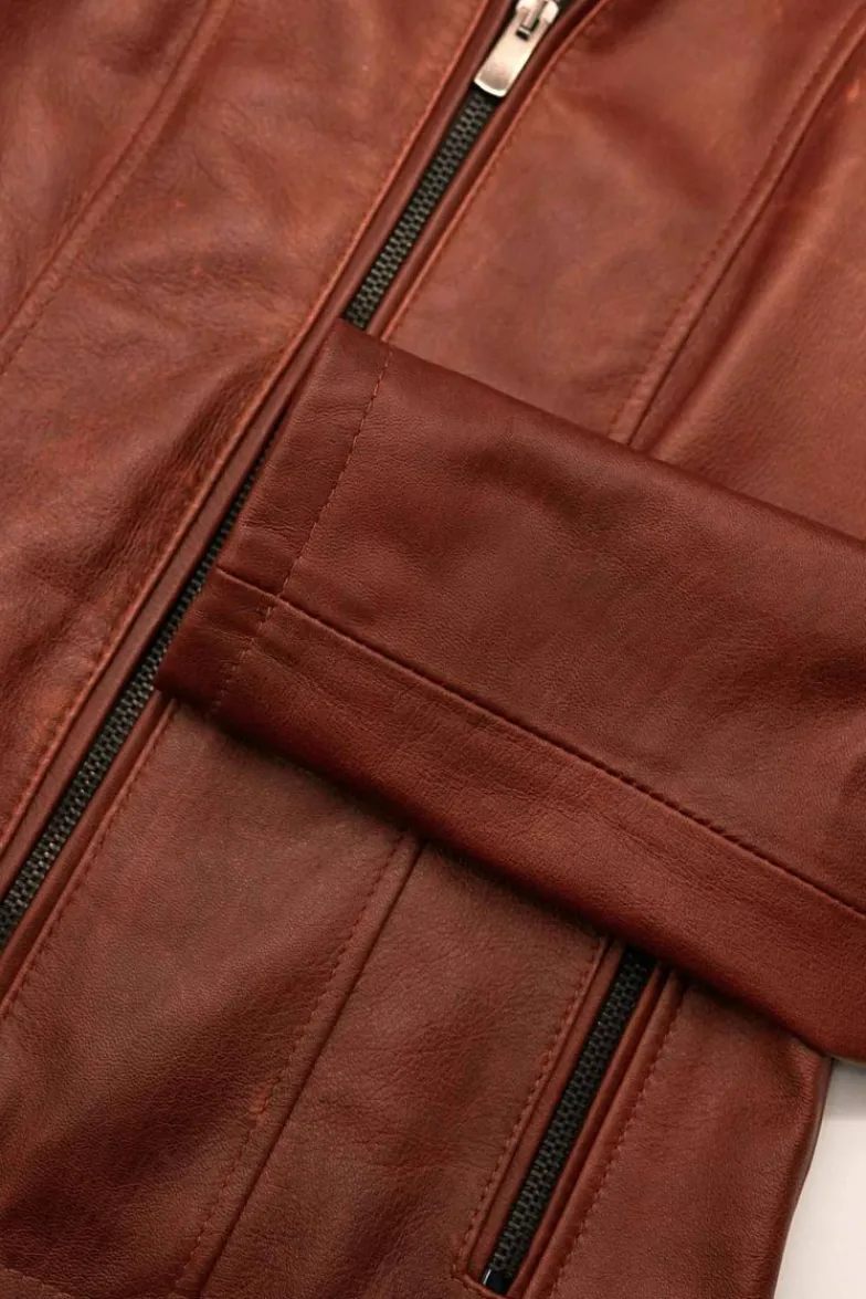 Donna D'Arienzo Vale - Giacca biker in pelle color cuoio effetto liscio collo coreana