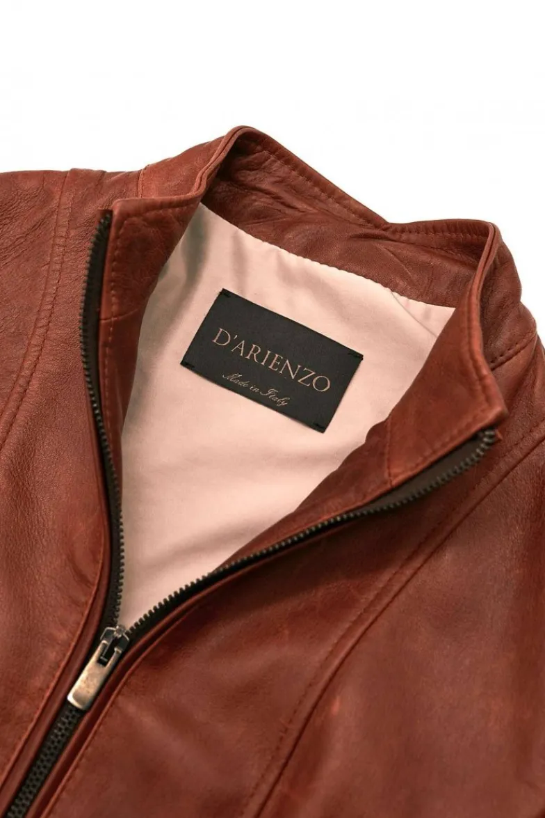 Donna D'Arienzo Vale - Giacca biker in pelle color cuoio effetto liscio collo coreana