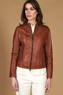 Donna D'Arienzo Vale - Giacca biker in pelle color cuoio effetto liscio collo coreana