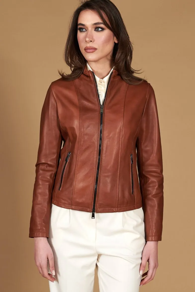 Donna D'Arienzo Vale - Giacca biker in pelle color cuoio effetto liscio collo coreana