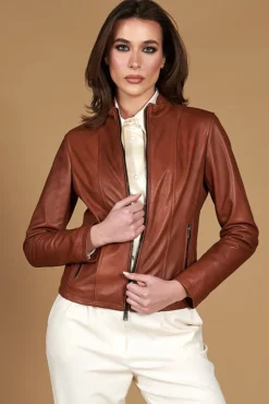 Donna D'Arienzo Vale - Giacca biker in pelle color cuoio effetto liscio collo coreana