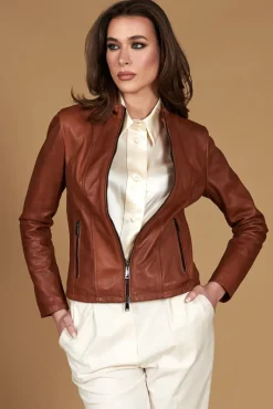 Donna D'Arienzo Vale - Giacca biker in pelle color cuoio effetto liscio collo coreana