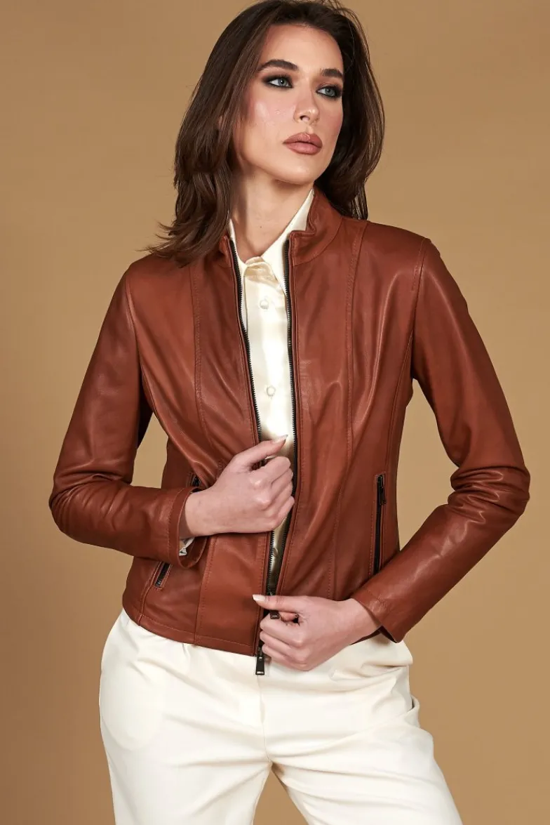 Donna D'Arienzo Vale - Giacca biker in pelle color cuoio effetto liscio collo coreana