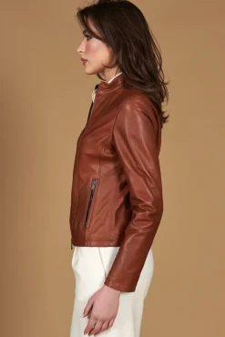 Donna D'Arienzo Vale - Giacca biker in pelle color cuoio effetto liscio collo coreana