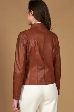 Donna D'Arienzo Vale - Giacca biker in pelle color cuoio effetto liscio collo coreana