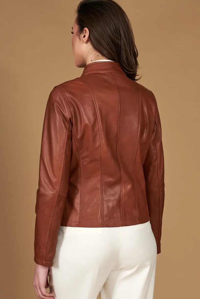 Donna D'Arienzo Vale - Giacca biker in pelle color cuoio effetto liscio collo coreana