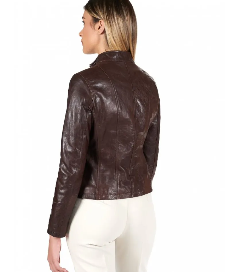 Donna D'Arienzo Vale - Giacca biker in pelle testa di moro effetto vintage collo coreana