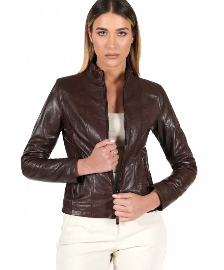 Donna D'Arienzo Vale - Giacca biker in pelle testa di moro effetto vintage collo coreana