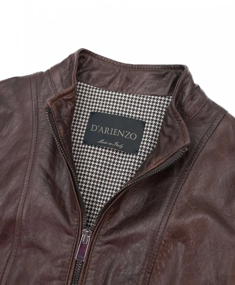 Donna D'Arienzo Vale - Giacca biker in pelle testa di moro effetto vintage collo coreana