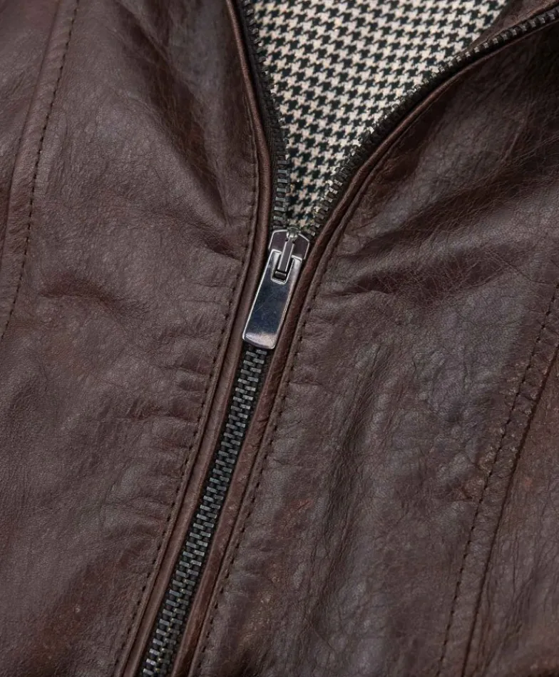 Donna D'Arienzo Vale - Giacca biker in pelle testa di moro effetto vintage collo coreana