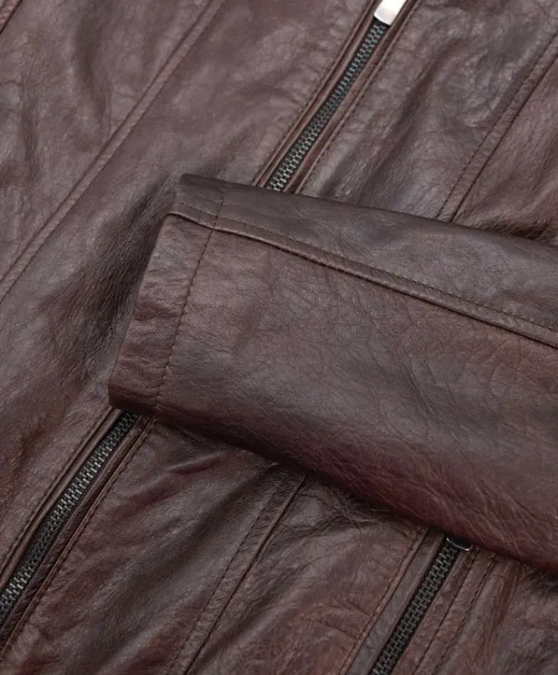 Donna D'Arienzo Vale - Giacca biker in pelle testa di moro effetto vintage collo coreana