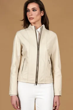 Donna D'Arienzo Vale - Giacca in pelle color crema profili fango colletto coreana