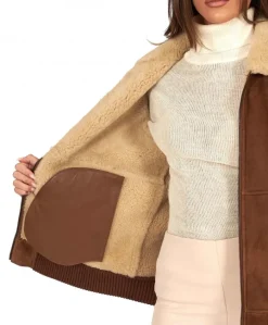 Donna D'Arienzo Vera - Bomber in montone scamosciato color cuoio colletto a contrasto