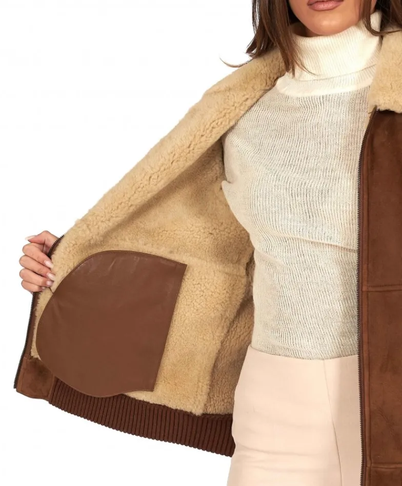 Donna D'Arienzo Vera - Bomber in montone scamosciato color cuoio colletto a contrasto