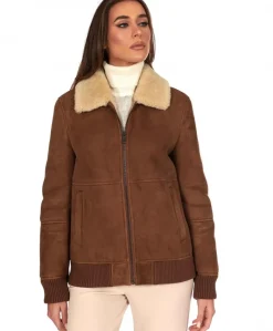 Donna D'Arienzo Vera - Bomber in montone scamosciato color cuoio colletto a contrasto