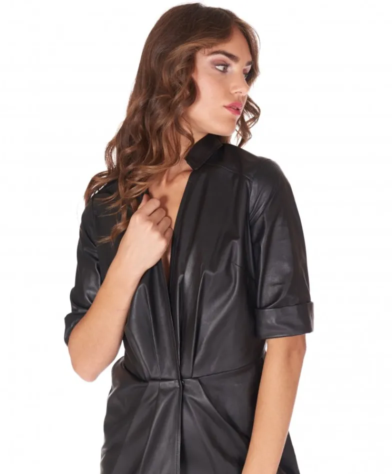Donna D'Arienzo Vestito - Vestito in pelle nera chiusura bottoni a pressione