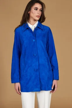Donna D'Arienzo Wag - Giacca in pelle camoscio bluette monopetto versione oversize