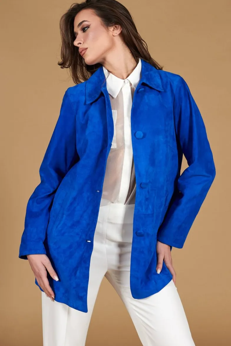 Donna D'Arienzo Wag - Giacca in pelle camoscio bluette monopetto versione oversize