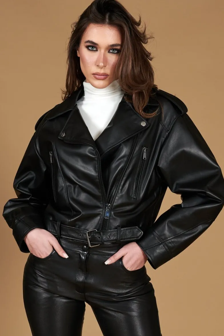 Donna D'Arienzo Xenia - Chiodo oversize corto in pelle nera con cintura
